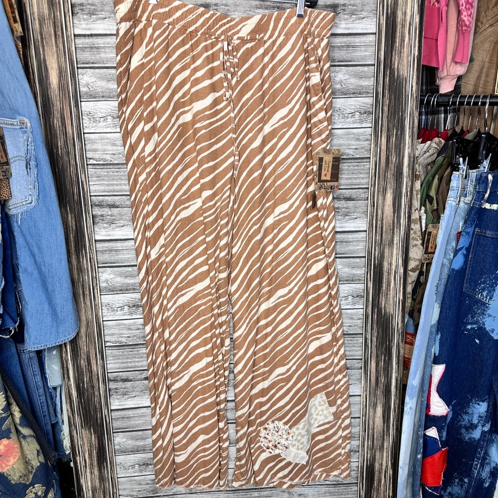 Artisan UpCycled Brown Cream Animal Print Palazzo wide Leg Pants Lace Linen